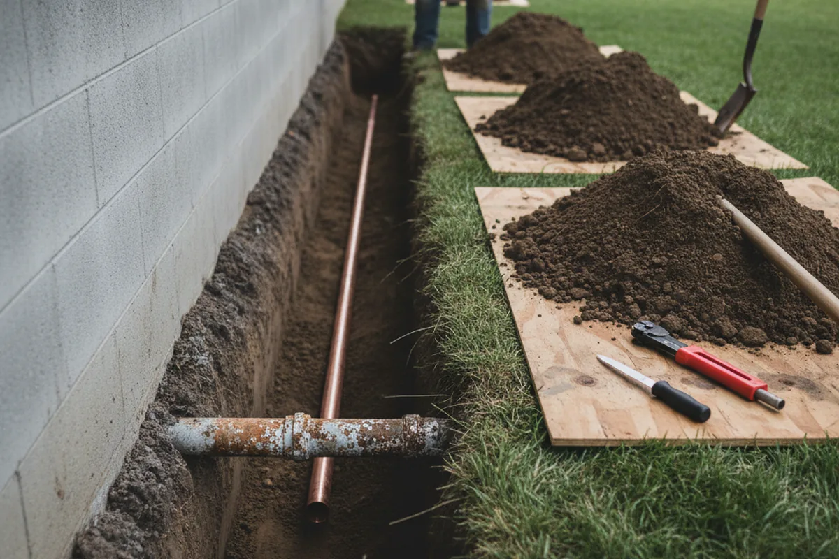 Excavated water line trench during Sewer Line Repair in Grand Junction